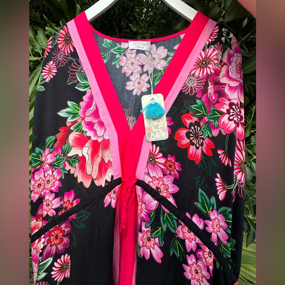 Johnny Was Black V-Neck Kaftan with Pink Floral Design